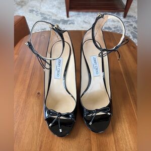 Jimmy Choo Black Patent Leather Peep-Toe Heels w/ Ankle Strap & Bow – Size 8.5